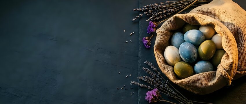 Overhead view of colorful speckled eggs in kraft paper bag with dried