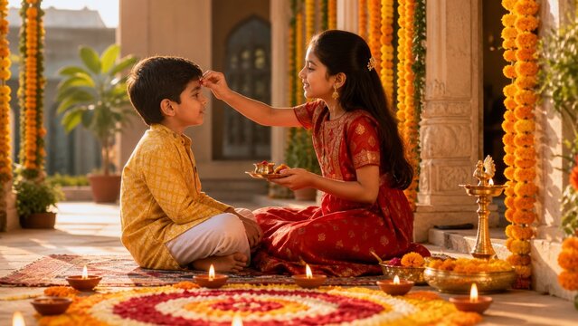 Bhai Dooj concept with sister performing tilak ritual for her young brother