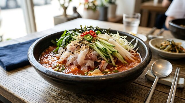Hwe Dup Bap, a refreshing Korean raw fish and vegetable salad, is presented in a dark ceramic bowl on a.