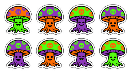 Fototapeta premium Colorful Kawaii Mushroom Monster Sticker Set for Cute Spooky Halloween Design