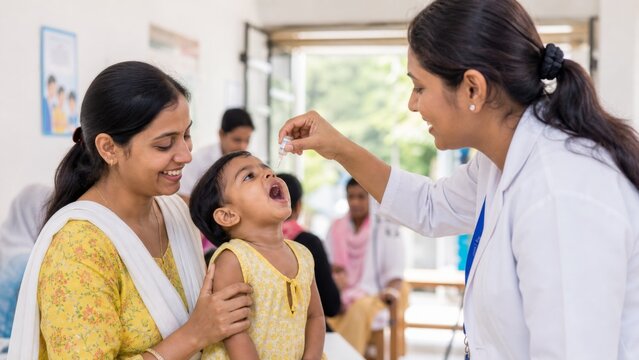 World Polio Day concept with doctor giving oral vaccine to a child in a clinic