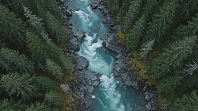 Fast river flowing through lush green forest ravine