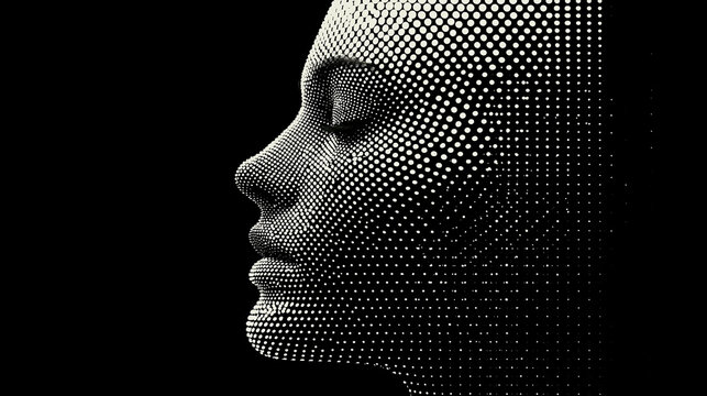 Futuristic digital human face mesh made of glowing data dots