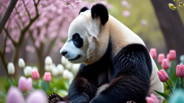 Portrait of panda bear animal pet on background spring blooming flower garden outside AI Generative