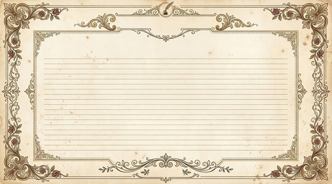 Elegant vintage lined paper with ornate floral borders and a quill motif for a sophisticated letter or note.
