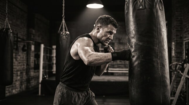 A muscular man in sleeveless shirt intensely trains with a punching bag in a dimly lit gym. Concept of men health, fitness, strength, sports training, and determination Generative AI