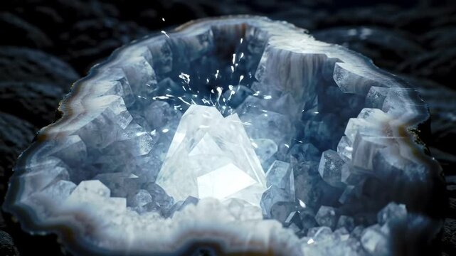 Close-up of a sparkling blue geode crystal formation with light effects.