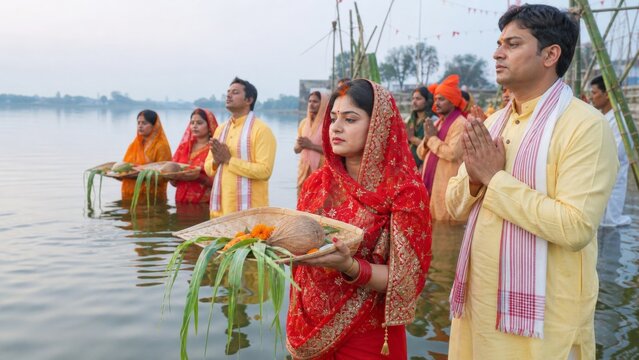 Chhath Puja concept with couple praying with offerings during a riverside ritual