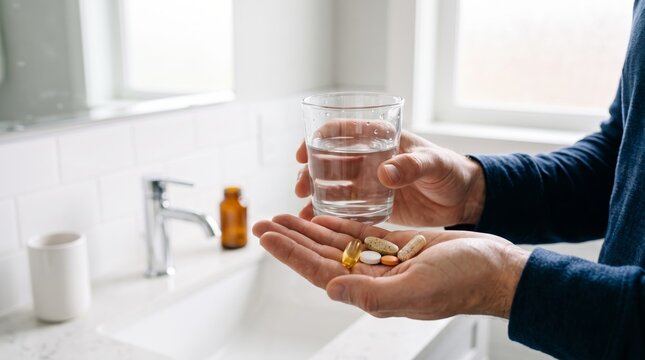 A man holds a variety of supplements in one hand and a glass of water in the other. Concept men health, wellness routines, and dietary supplements, crucial for health related content. Generative AI.