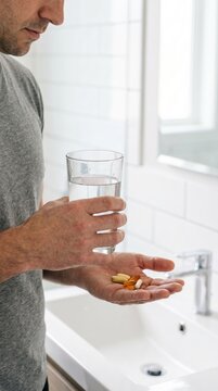 A man holds a variety of supplements in one hand and a glass of water in the other. Concept men health, wellness routines, and dietary supplements, crucial for health related content. Generative AI.