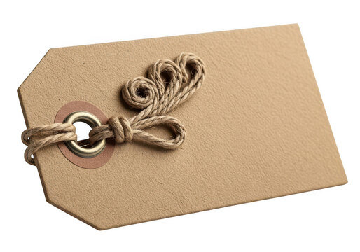 Blank brown cardboard paper tag with rustic twine string isolated on transparent background