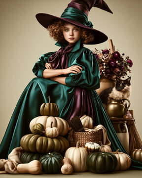 Cute little witch with a cat among autumn pumpkins and fallen leaves, whimsical Halloween fantasy illustration for greeting cards, children books, seasonal advertising and festive decoration