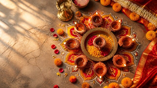 Diwali Diya concept with overhead floral rangoli made with glowing clay lamps
