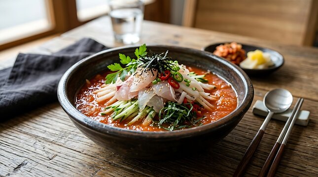 Korean Hwe Dup Bap, a vibrant raw fish and vegetable salad, is beautifully presented on a rustic wooden.