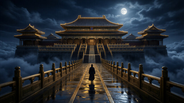 Chinese fantasy heaven palace with ancient architecture floating in clouds above mountains
