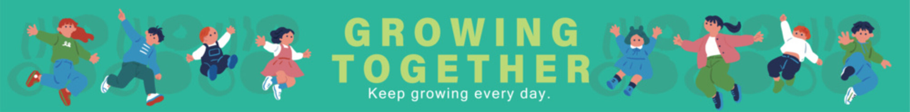 「GROWING TOGETHER」子供たちが横並びでジャンプする横長広告バナーイラスト（緑）