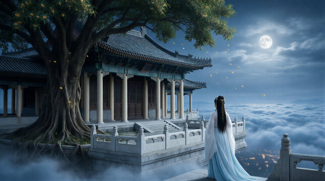 Chinese fantasy heaven palace with ancient architecture floating in clouds above mountains
