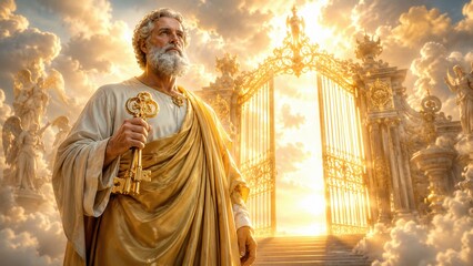 Fototapeta premium Saint Peter holding golden keys before radiant gates of heaven with glorious divine light and angels beyond