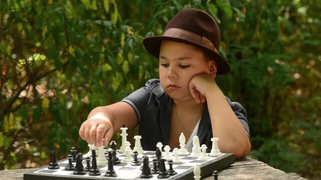 Young Boy Wearing Hat Playing Chess and Making Move Outdoors. A young boy wearing a hat playing a game of chess outdoors in a green forest setting, focused and making a strategic move with a piece.