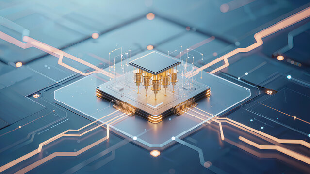 Abstract future quantum computing background, advanced quantum processor visualization, glowing metallic quantum structures, holographic computational layers, quantum AI technology concept,