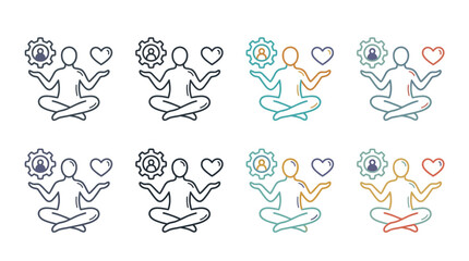 Obraz premium Work life balance line icons showing an office employee meditating to balance work and health, perfect for corporate wellness, human resources presentations and mental health infographics