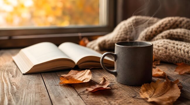 cozy autumn reading scene with open book coffee cup blanket and fallen maple leaves
