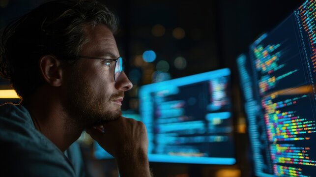 Man wearing glasses looking at computer monitors with code