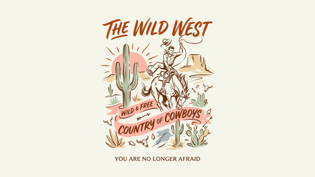 Vintage wild west hand-drawn illustration featuring a cowboy riding a bucking horse with a lasso, saguaro cacti, desert landscape, buffalo skulls, and classic western typography design.