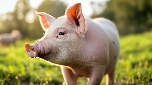 Small piglet with prominent ears and a pink snout stands alert in a vibrant green field under warm sunlight, looking to the right.