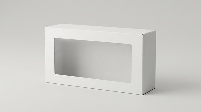Empty white cardboard box with a clear plastic window for retail product packaging and display design