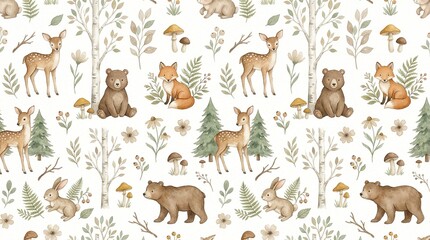 Naklejka premium Watercolor woodland animals seamless pattern, cute forest bear and deer wallpaper, nursery nature background with fox and rabbit