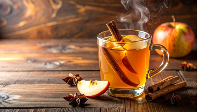 A warm cup of spiced apple cider chai sits on a wooden table with steam rising. Cinnamon sticks and apple slices float in the drink while an apple rests nearby. The setting shows autumn colors