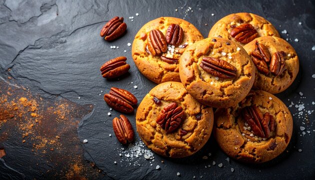 Brown butter pecan cookies are arranged on a dark textured surface. The cookies show pecan halves on top and a sprinkle of salt. This scene highlights autumn flavors