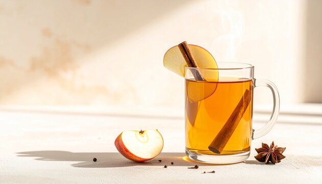 A glass holds warm apple cider with a slice of apple and a cinnamon stick resting inside. An apple sits nearby on a light surface. Sunlight brightens the scene