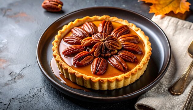 A maple pecan tart sits on a dark plate. It is decorated with whole pecans and a shiny glaze. Soft light highlights the golden dessert. Autumn leaves add warmth to the setting