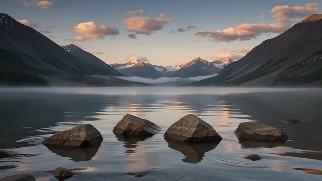 Mist rolling over a serene mountain lake at sunrise