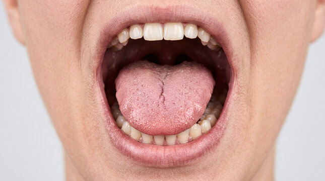 Open mouth with tongue visible showing healthy pink gums and white teeth; a close-up on oral hygiene and dental care for a healthy smile.
