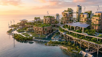 Fototapeta premium Futuristic coastal cityscape with lush buildings, elevated roads, and wind turbines at sunset