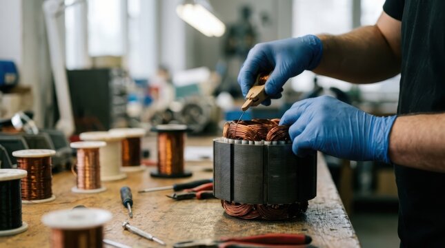 Skilled technician wearing blue gloves rewinding copper motor coil on workbench surrounded by wire spools and tools in industrial workshop setting ensuring high quality repairs.