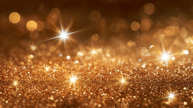 Golden glitter dust sparkles with bright starbursts in soft, blurred bokeh background