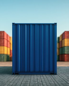 Blue shipping container front view, stacked colorful containers background