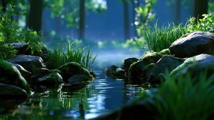 Fototapeta premium Serene forest stream reflecting lush greenery under dappled sunlight, creating a tranquil atmosphere