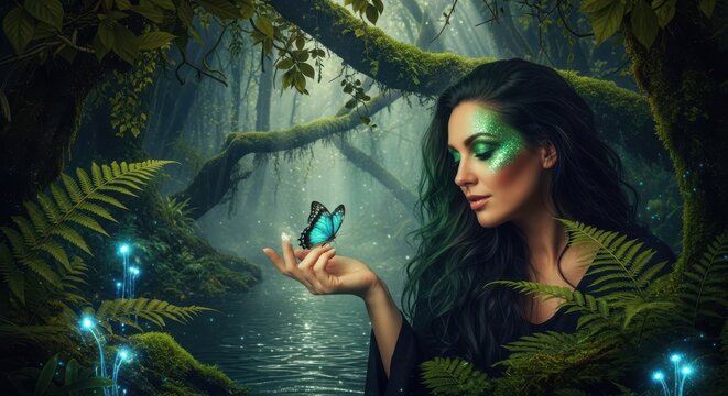 Mystical woman with glowing butterfly in enchanted forest full of fairy lights
