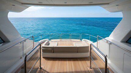 Fototapeta premium Luxury yacht stern deck with teak flooring and ocean view from interior lounge area