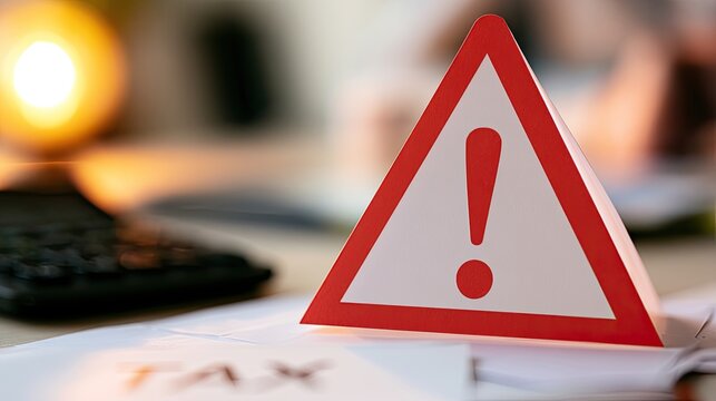 Red triangle warning sign with exclamation mark on tax documents