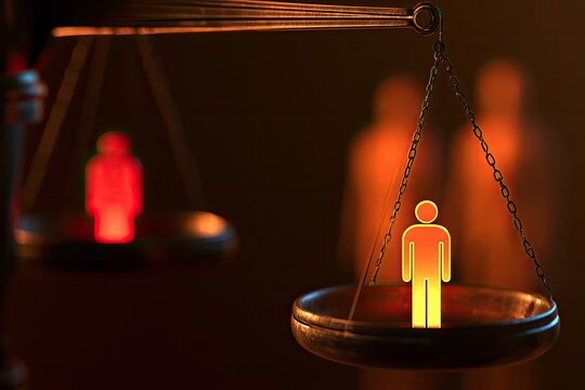 Scales of justice weigh human figures, one smaller, illuminated against a dark background