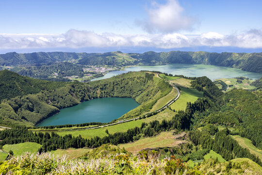Sete Cidades Azores landscape nature on Sao Miguel island volcanic lake crater in Portugal