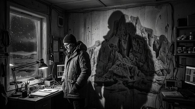 Arctic researcher in remote outpost office, harsh weather outside window