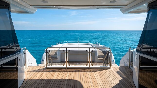 Luxury yacht stern deck view overlooking the blue ocean horizon on a sunny day