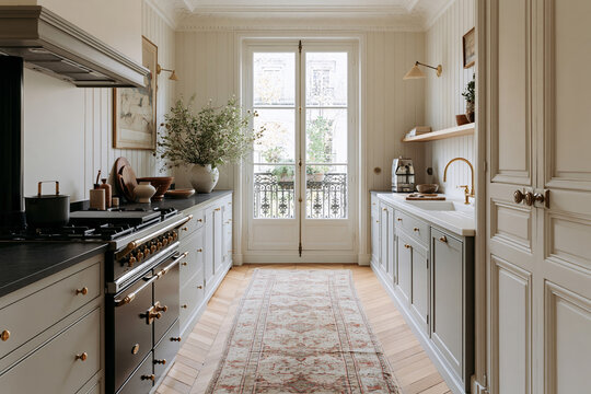 Elegant Parisian kitchen featuring dove grey cabinetry, vintage range, and wrought-iron balcony doors, adorned with a faded runner rug